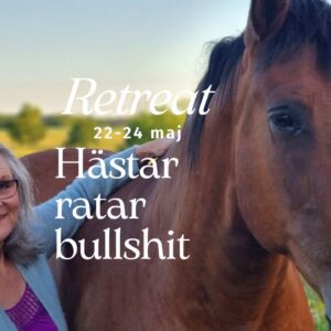 Ann-Britt med en häst och texten Hästar ratar bullshit, retreat 22-24 maj 2026